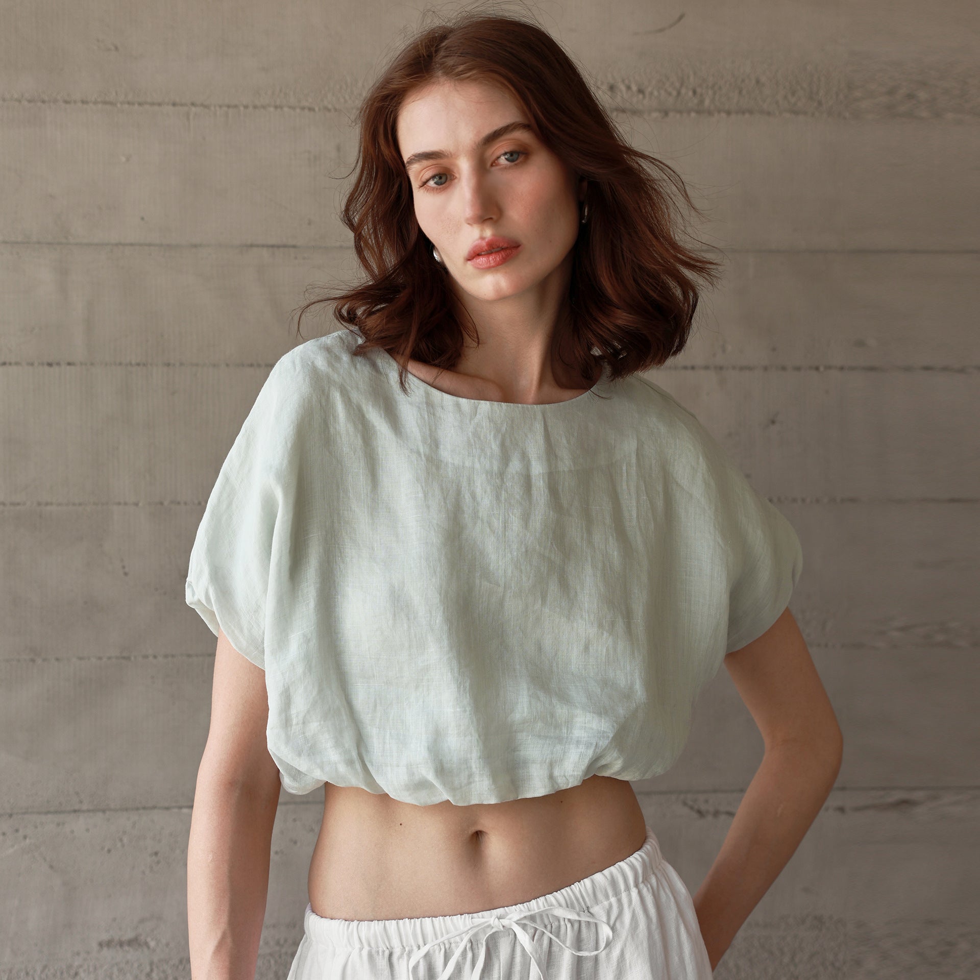 Pure Ramie round Neck Top French Light Cropped Short Sleeve Women Summer Solid Color Waist Tight T shirt