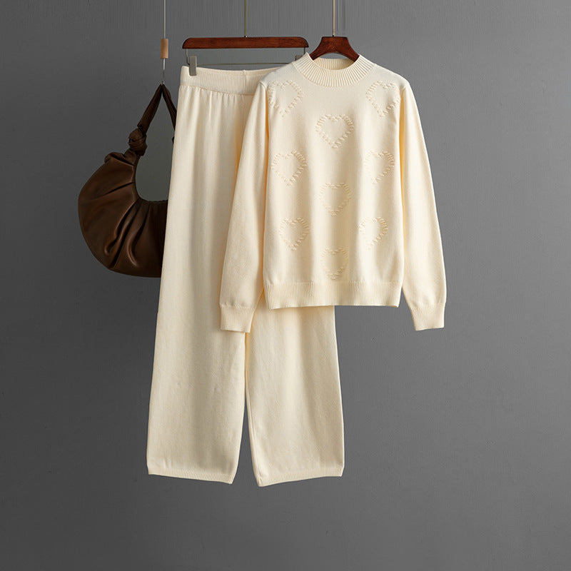 Mock Neck Sweater Heart Trendy Women Solid Color Casual Pants Wide Leg Pants Two Piece Set
