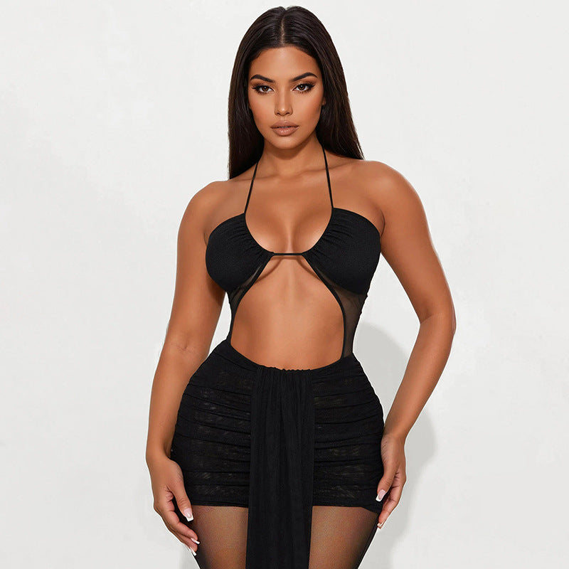 Women Clothing Spring Summer Halter Cropped Outfit Mesh Drawstring Sheer Cutout Ribbon Jumpsuit