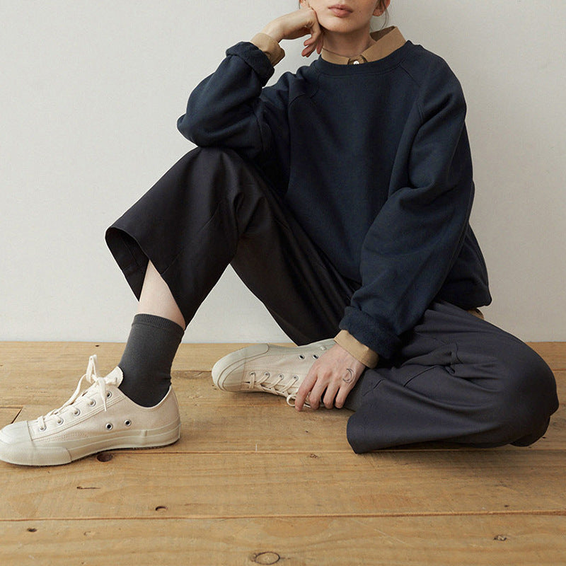 Autumn South Korea Pocket Sweatshirt Casual Women Loose Raglan Sleeve round Neck Lazy Simple Top with Pockets