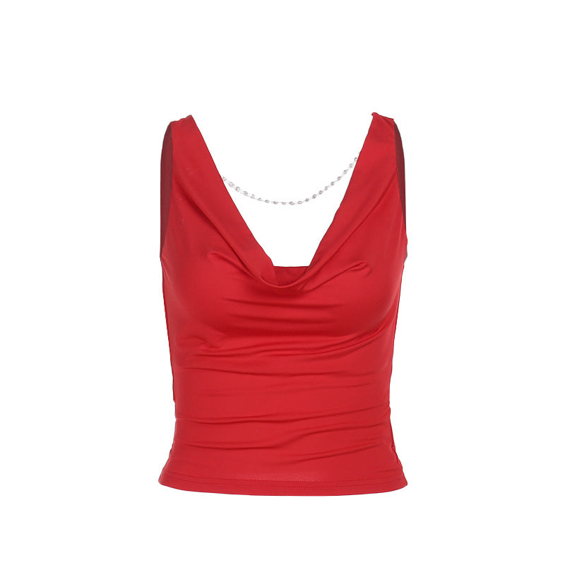 Outdoor Sexy Chain Backless Top Summer All Match Pleated Women