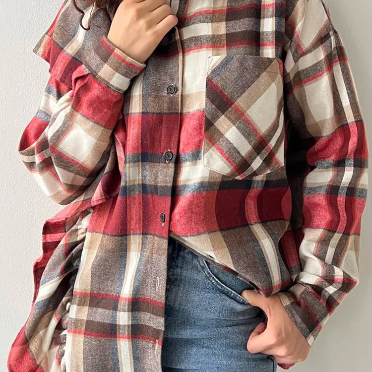 Spring Autumn Plaid Women Shirt Collared Long Sleeve Cardigan Shirt Street Retro Loose Top