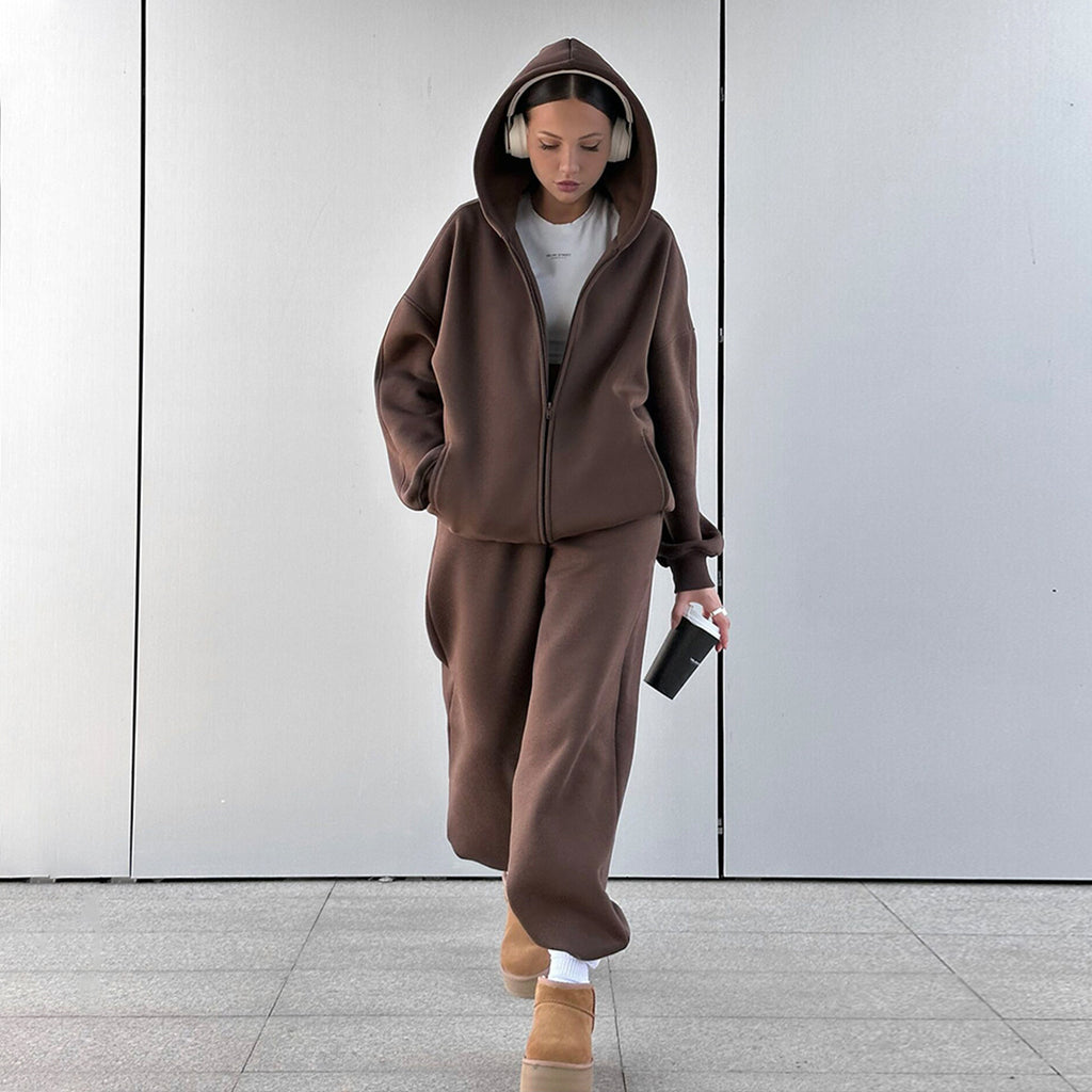 Women Hooded Polar Fleece Cardigan Sweater Suit Two Piece Set Women
