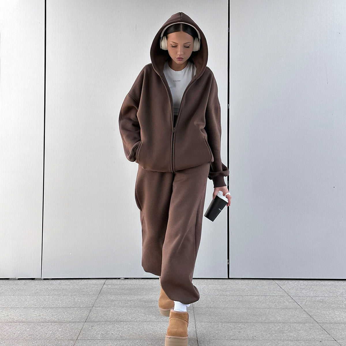 Women Hooded Polar Fleece Cardigan Sweater Suit Two Piece Set Women