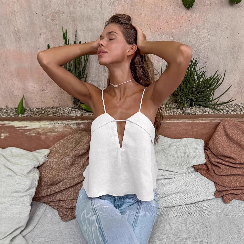 Cotton Linen Summer V neck Strap Vest Sexy Short Solid Color Top Women Clothing