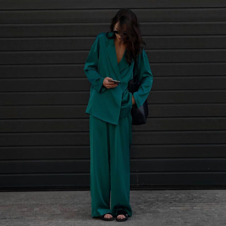 Casual Green Satin Suit Two Piece Set Western Women Clothing High End