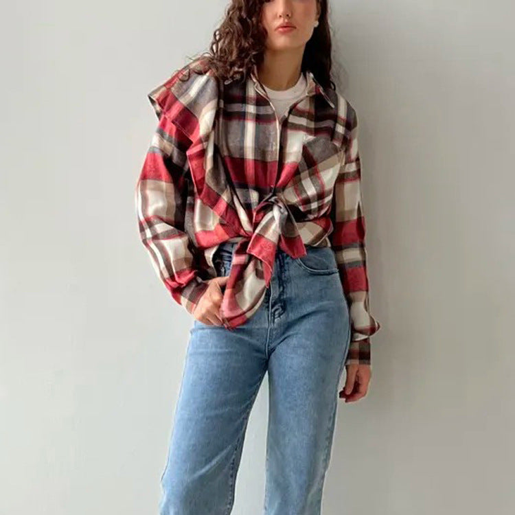 Spring Autumn Plaid Women Shirt Collared Long Sleeve Cardigan Shirt Street Retro Loose Top