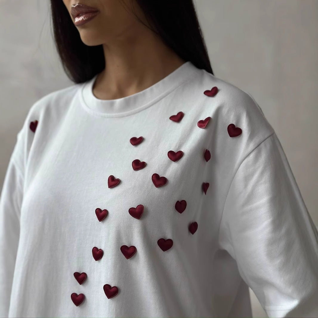 Women Spring Summer Brand Printing Casual Short Sleeved Love Stickers round Neck All Matching Solid Color T shirt