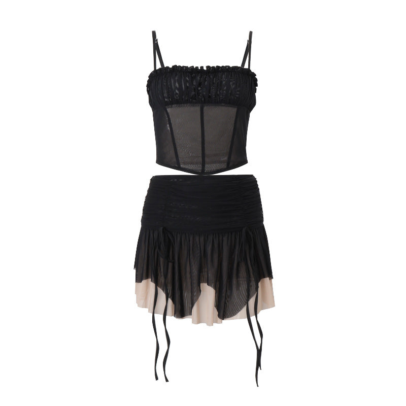Women Clothing Summer Sexy Mesh Irregular Asymmetric Top Sexy Color Block Skirt Set