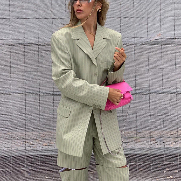 Striped Loose Women Spring Autumn Casual Jacket Trousers Two Piece Set