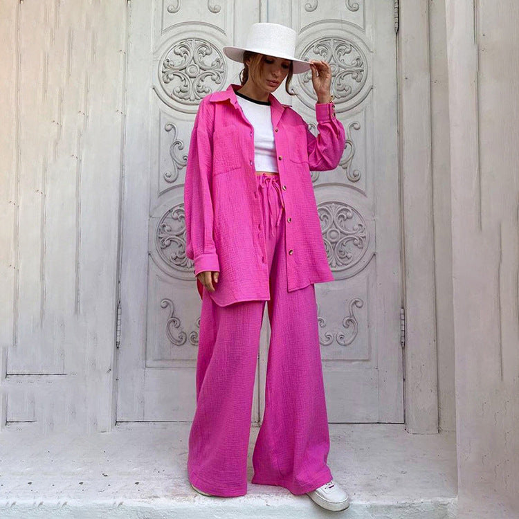 Fashion Loose-Fitting Long Sleeves Shirt Wide Leg Pants Two-Piece Set Commuting Elegant Pink Suit