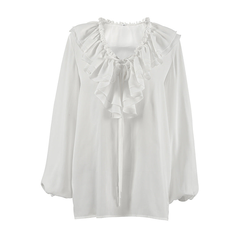 Spring Summer Loose V neck Flounce Lace up Long Sleeve Shirt Lantern Sleeve Simple Office Women Clothing