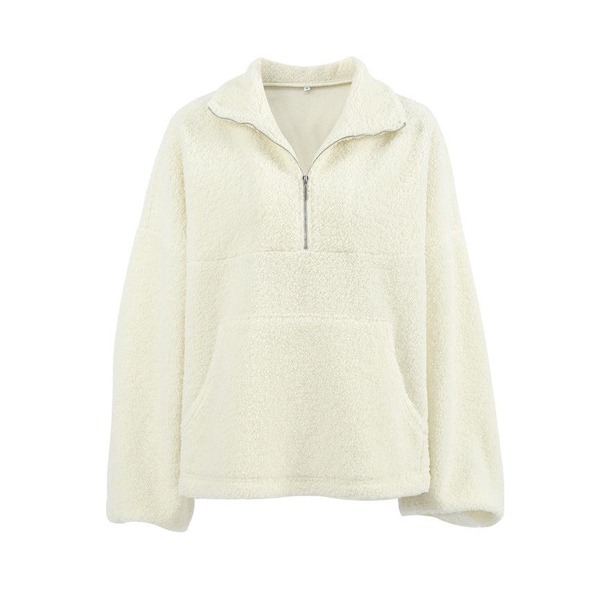 Autumn Winter Personalized Beige Knit Casual Lamb Cashmere Small Stand-up Collar Puff Sleeve Plush Loose Sweatshirt Women