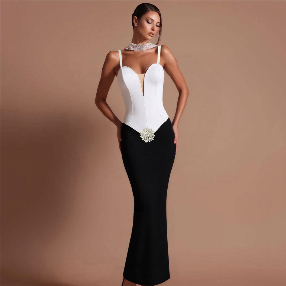Bandage One Piece Dress Summer Sexy Sling Black White Contrast Color Debutante Gala Dinner Dress Women Clothing
