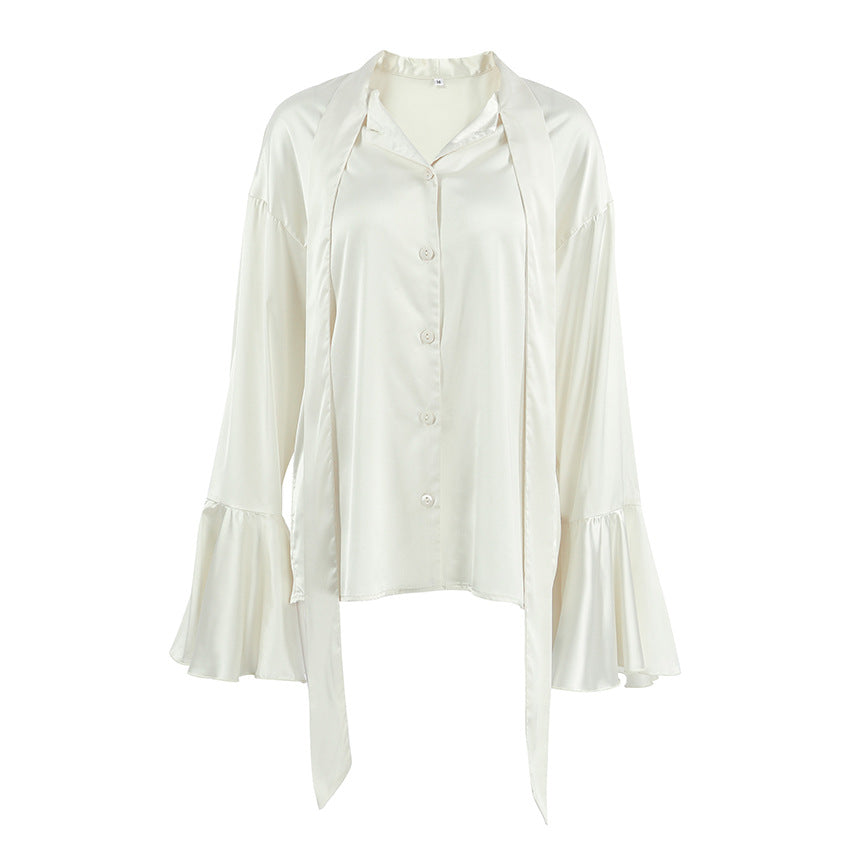 Autumn Winter Lazy Beige Elegant Matte Satin Tie Neck Bell Sleeve Top Ruffled Tied Shirt