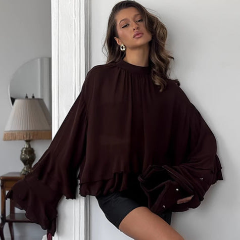 Brown Chiffon Small Stand Collar Ruffle Bell Sleeve Shirt Spring Summer Top for Women