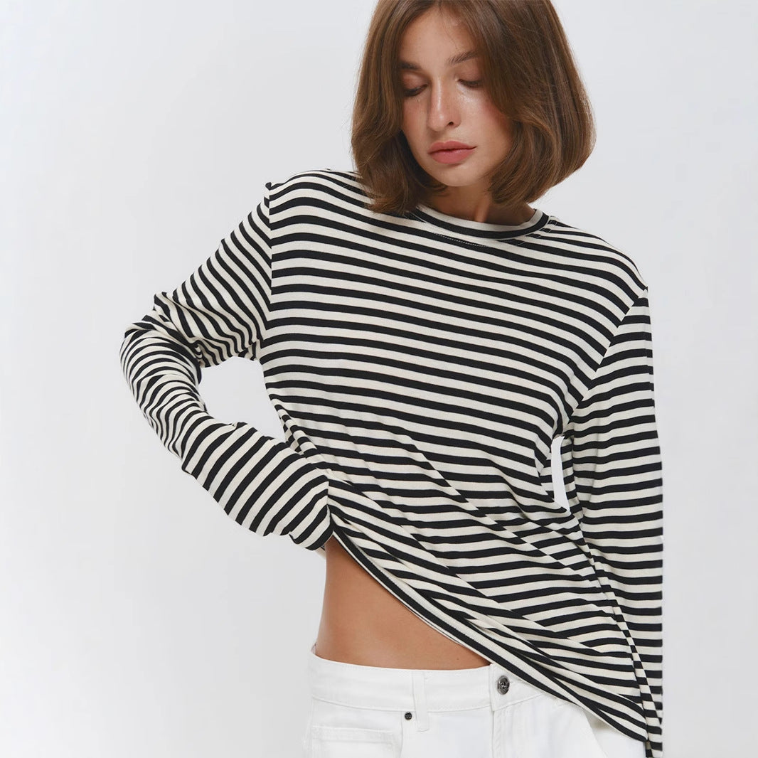Long Sleeved Striped T shirt Autumn Winter Office Slim Fit round Neck Cotton Bottoming Shirt Long T Shirt Women