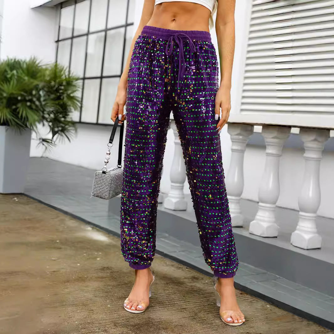 Shimmer Sequ Casual Pants Tight Waist Lace Loose Straight Slimming Women High Waist Pants