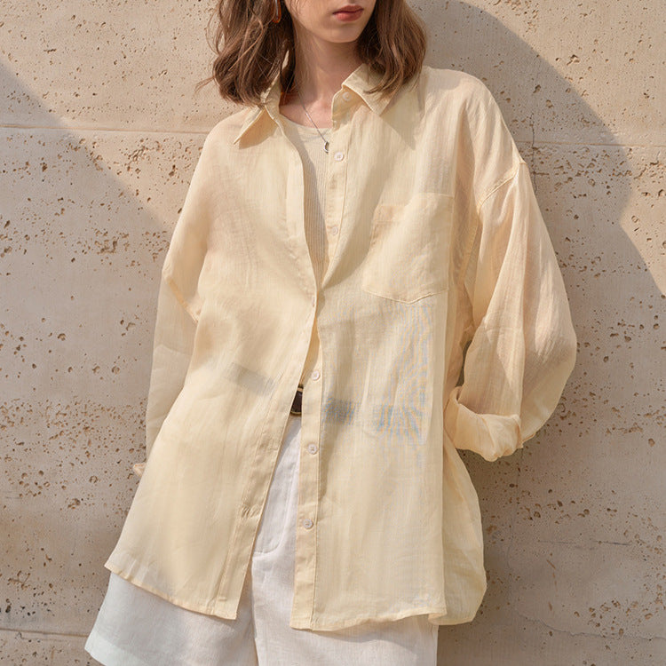 Pure Ramie Shirt Women Spring Summer Solid Color Single Breasted Cardigan Collared Long Sleeve Thin Shirt