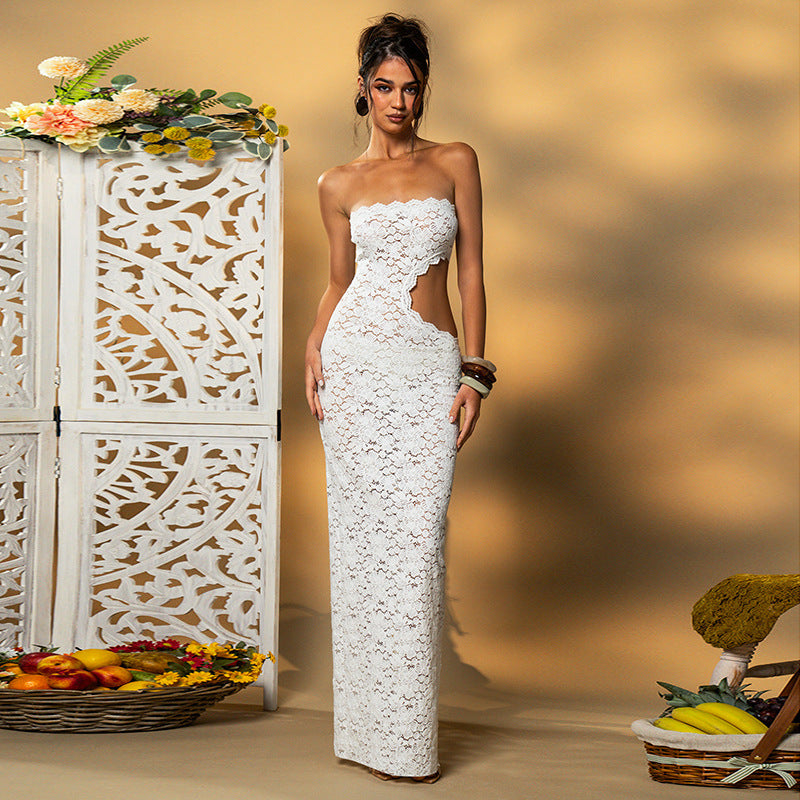 Women Clothing Solid Color Sleeveless Backless Lace Hollow Out Cutout out Slim Fit Dress