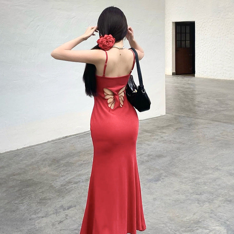 Sexy Solid Color Butterfly Pattern Hollow Out Cutout Adjustable Strap Long Sheath Dress