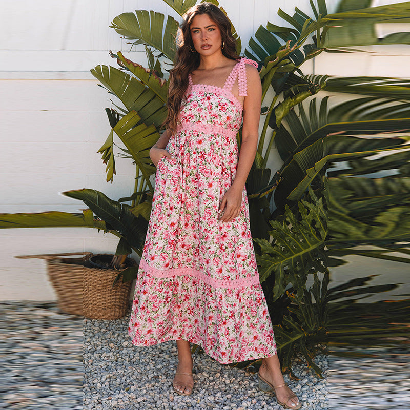 Spring Summer High Waist Dress Women Sweet Floral Print Lace Patchwork Maxi Dress Women
