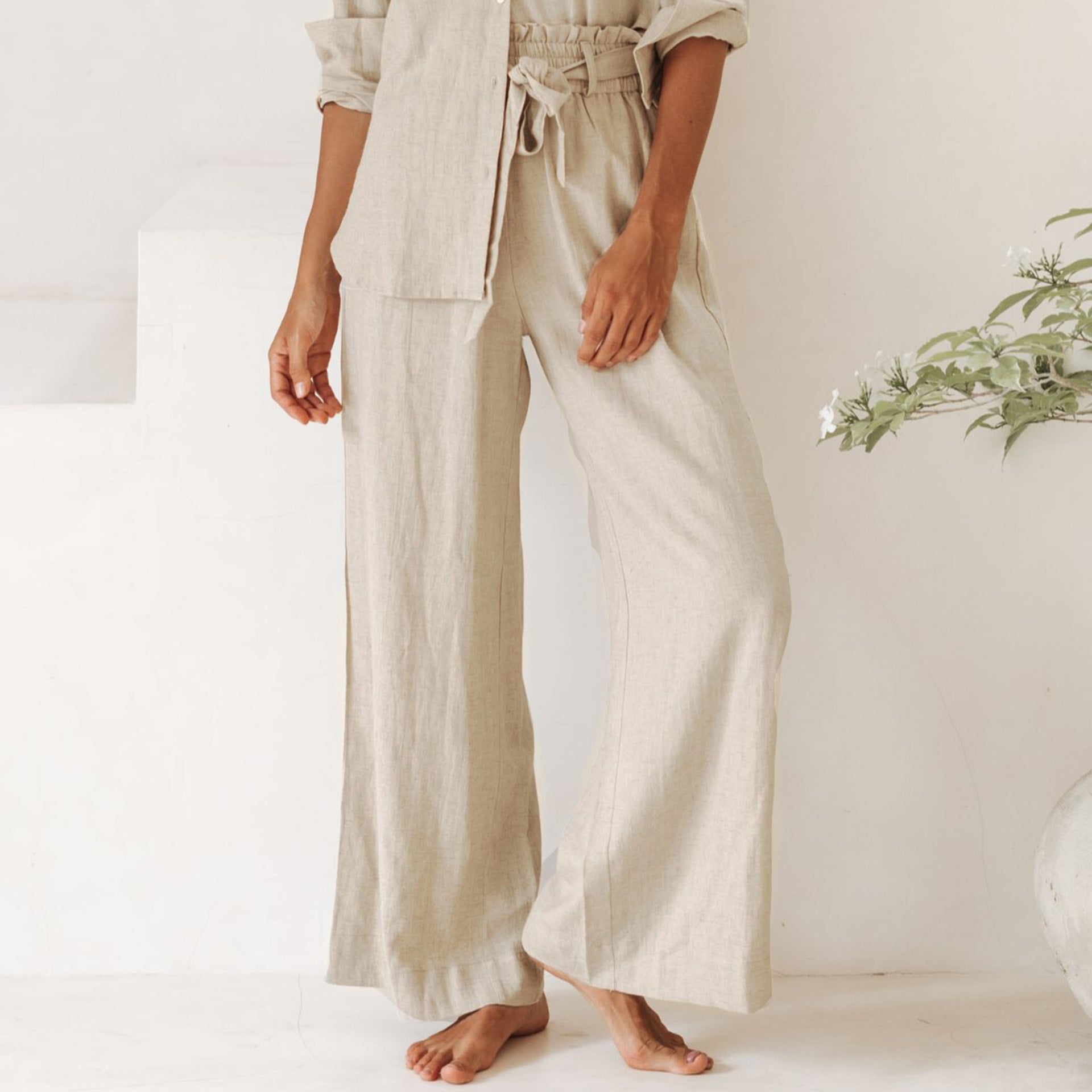 Linen Casual Pants Women Spring Summer Loose Elastic Waist Pants Tencel Linen Straight Leg Pants