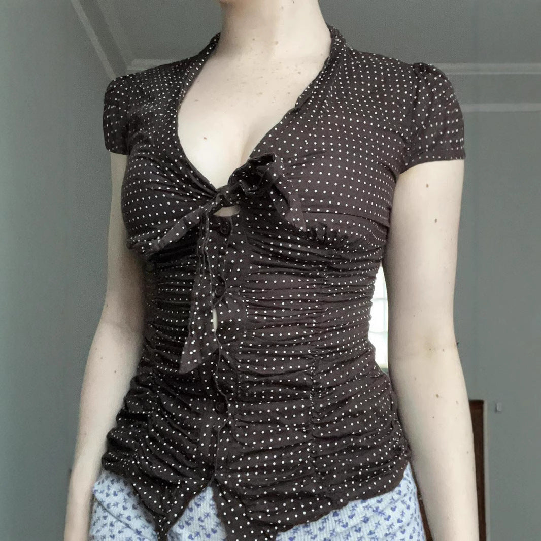 Lightly Mature V neck Lace up Pleated Slim Fit Shoulder T shirt Spring Summer Polka Dot Short Sleeve Top