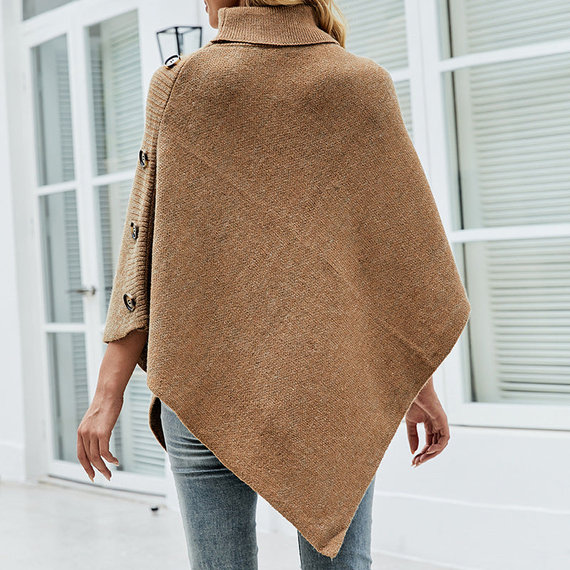 Autumn Winter Shawl Cape Solid Color Turtleneck Women Sweater