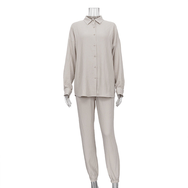Casual Suit Solid Color Polo Collar Long Sleeve Shirt Top Pants Two-Piece Set