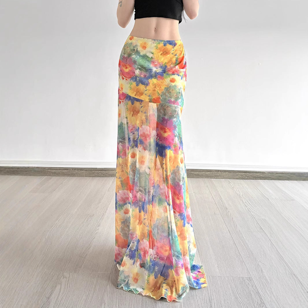 Summer Monet Oil Painting Blooming Printed Mesh Long Skirt Tea Break Elegant Slimming Sheath Skirt