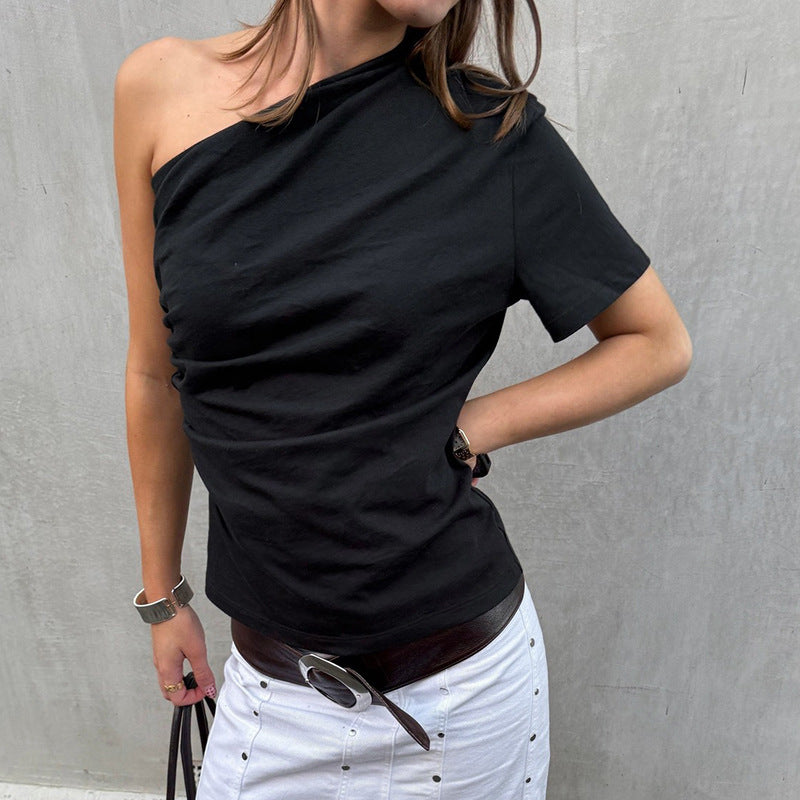 Summer Women Clothing All Matching Lazy Sense Casual Comfortable Slimming Shoulder Short Sleeve Top