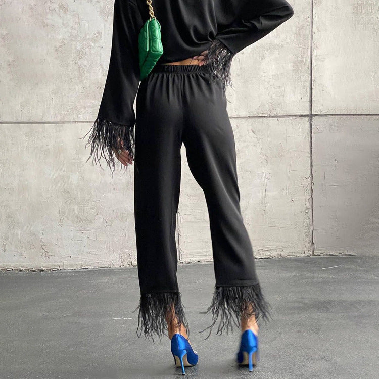 Spring Summer Special-Interest Design Long Sleeve Feather Shirt Casual Cropped Pants Suit