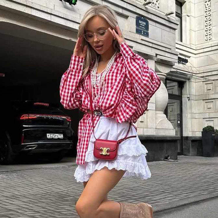 Cotton Plaid Women Shirt Design Ruffled Collared Long Sleeve Cardigan Casual All Matching Tops