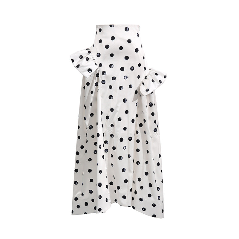 Elegant Sweet Skirt Women Summer Black Polka Dot Pleated Slim Design