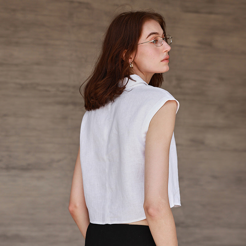 Linen V neck Sleeveless Short Shirt Summer Simple Office Polo Collar Top High Vest for Women