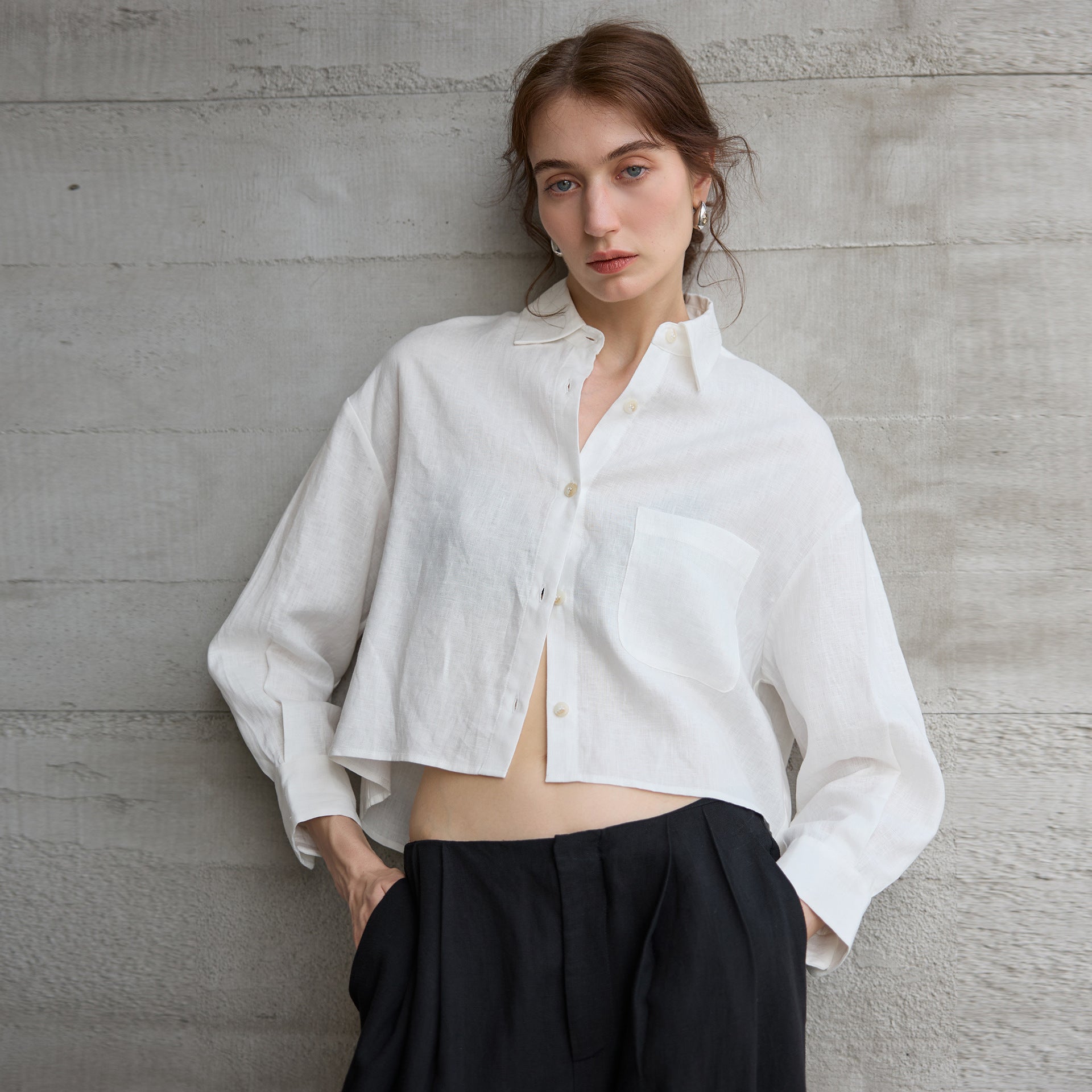 Pure Linen Long Sleeve Short Shirt for Women Office Solid Color Loose Cardigan Top Summer French Shirt