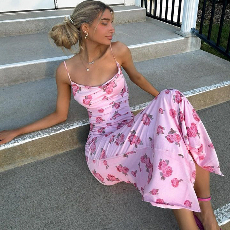 Summer French Sexy Swing Collar Gentle Pink Floral Print Slim Strap Dress Long