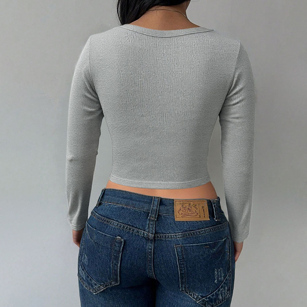 Autumn Winter Women Clothing Simple Sexy T shirt Short Diagonal Buckle Bottoming Shirt Top