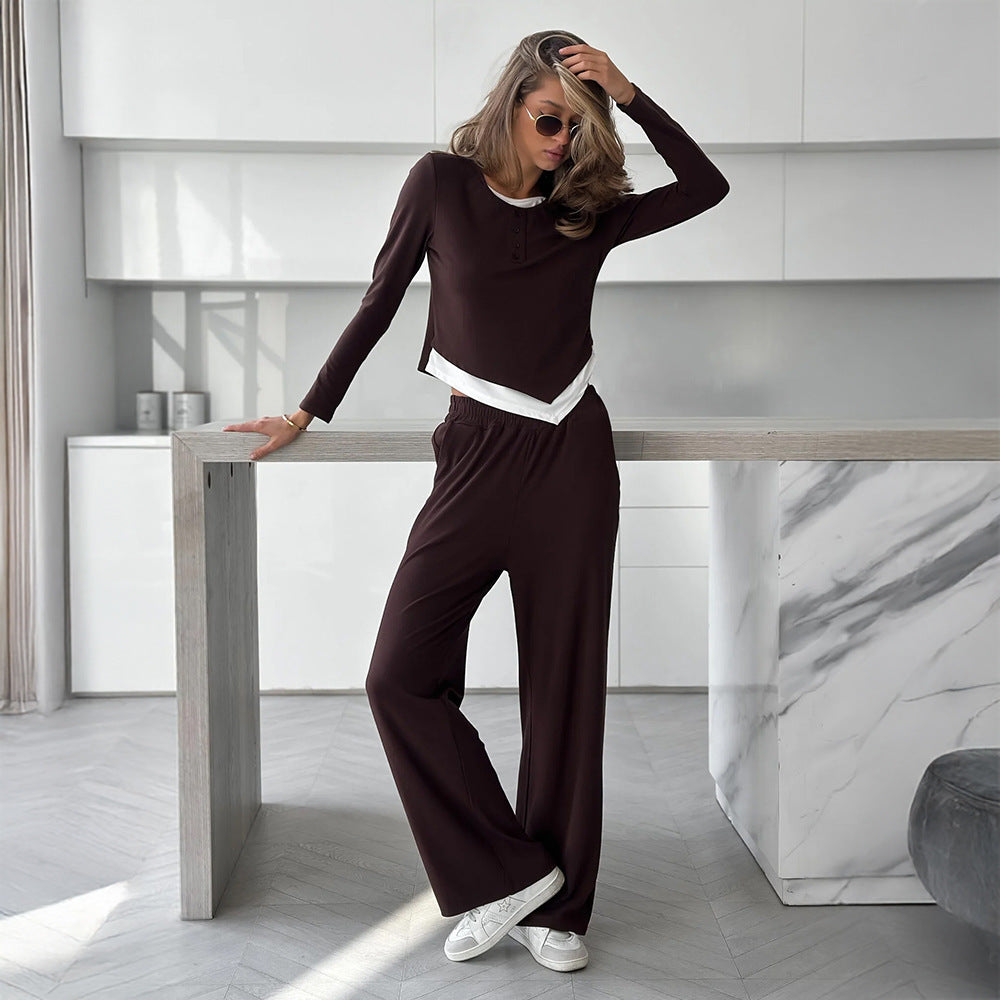 T shirt Trousers Autumn Faux Two Piece Top Two Piece Pants Casual Set Women