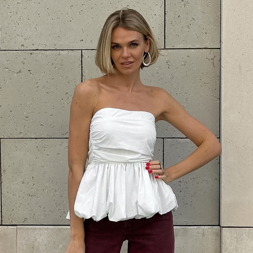 Summer Sexy Solid Color Pleated Bud Waist Tube Top Slim Fit Cold Shoulder Elegant Women Clothing