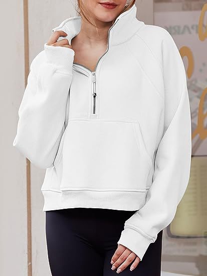 Women Clothing Half Zipper Short Stand Collar Thumb Hole Brushed Hoody
