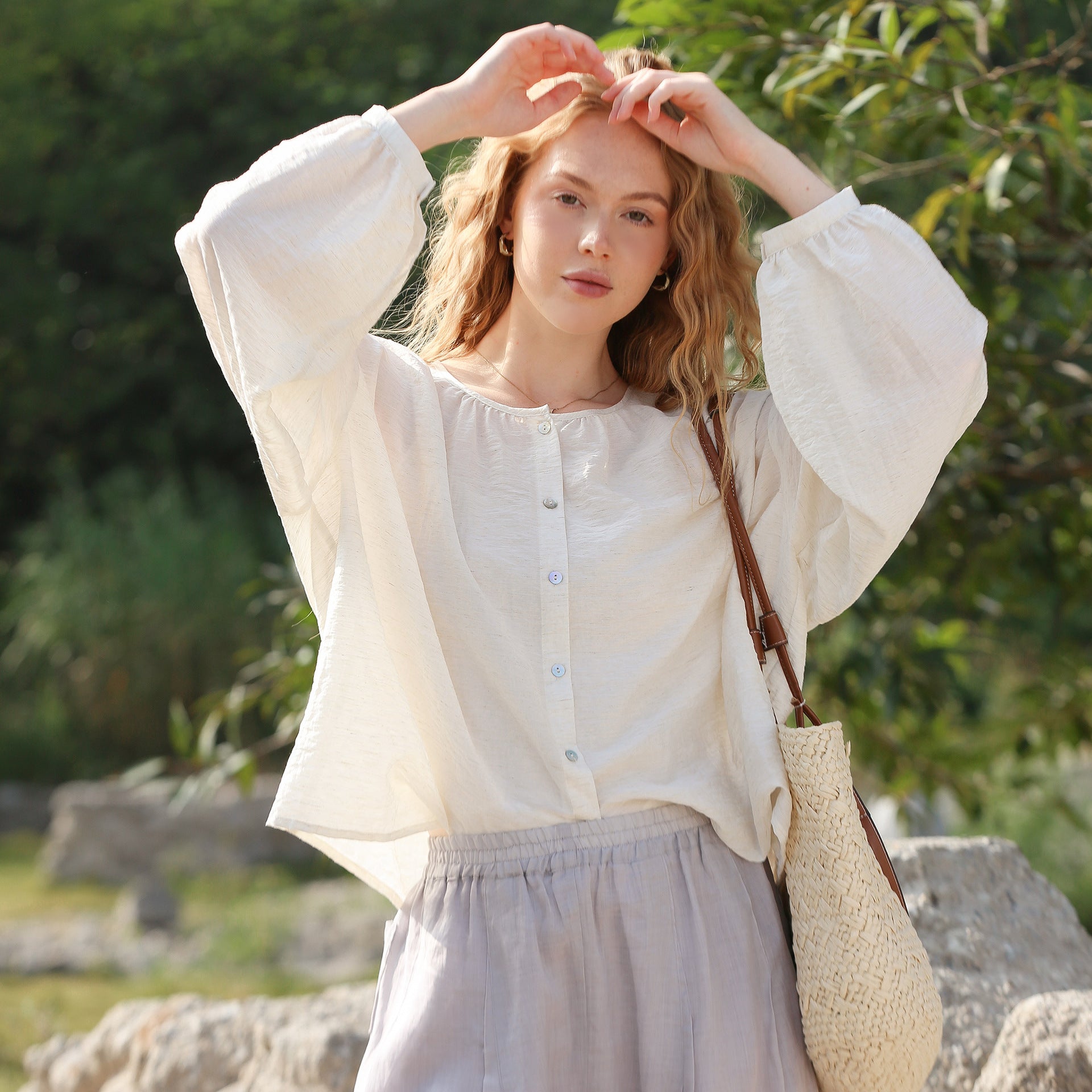 Spring Summer Lantern Sleeve Loose Thin Shirt Women French Pastoral round Neck Button Shirt Sunscreen Cardigan
