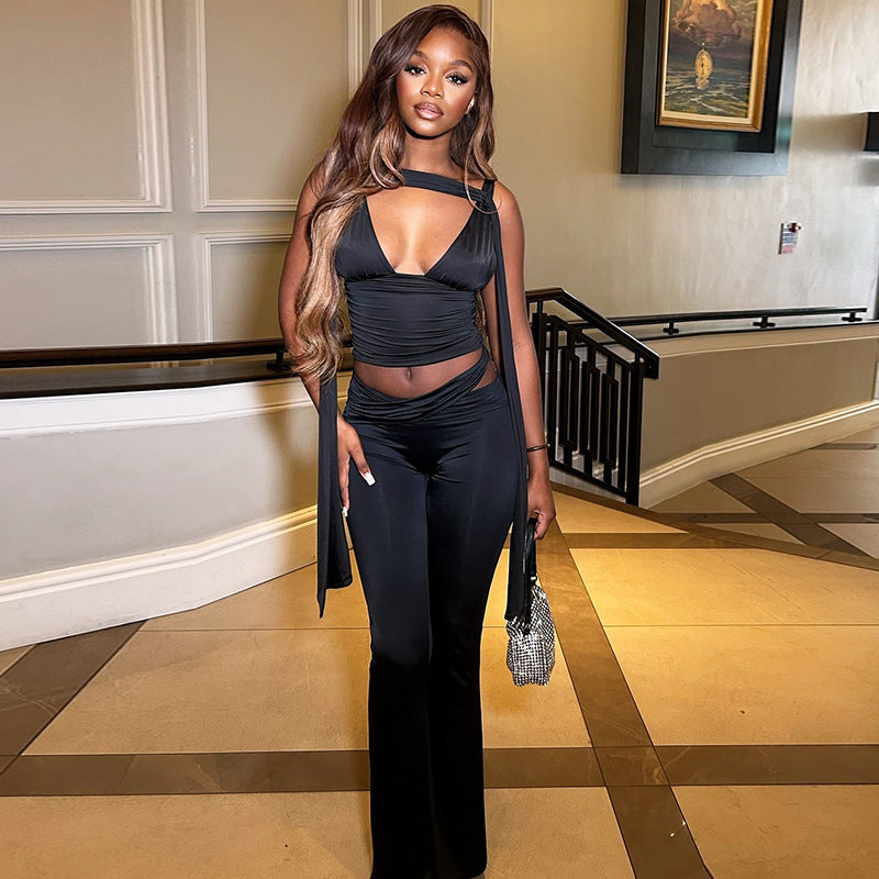 Women Clothing Cropped Sexy Solid Color Blouse Pants Sleeveless V neck Top Slim Trousers