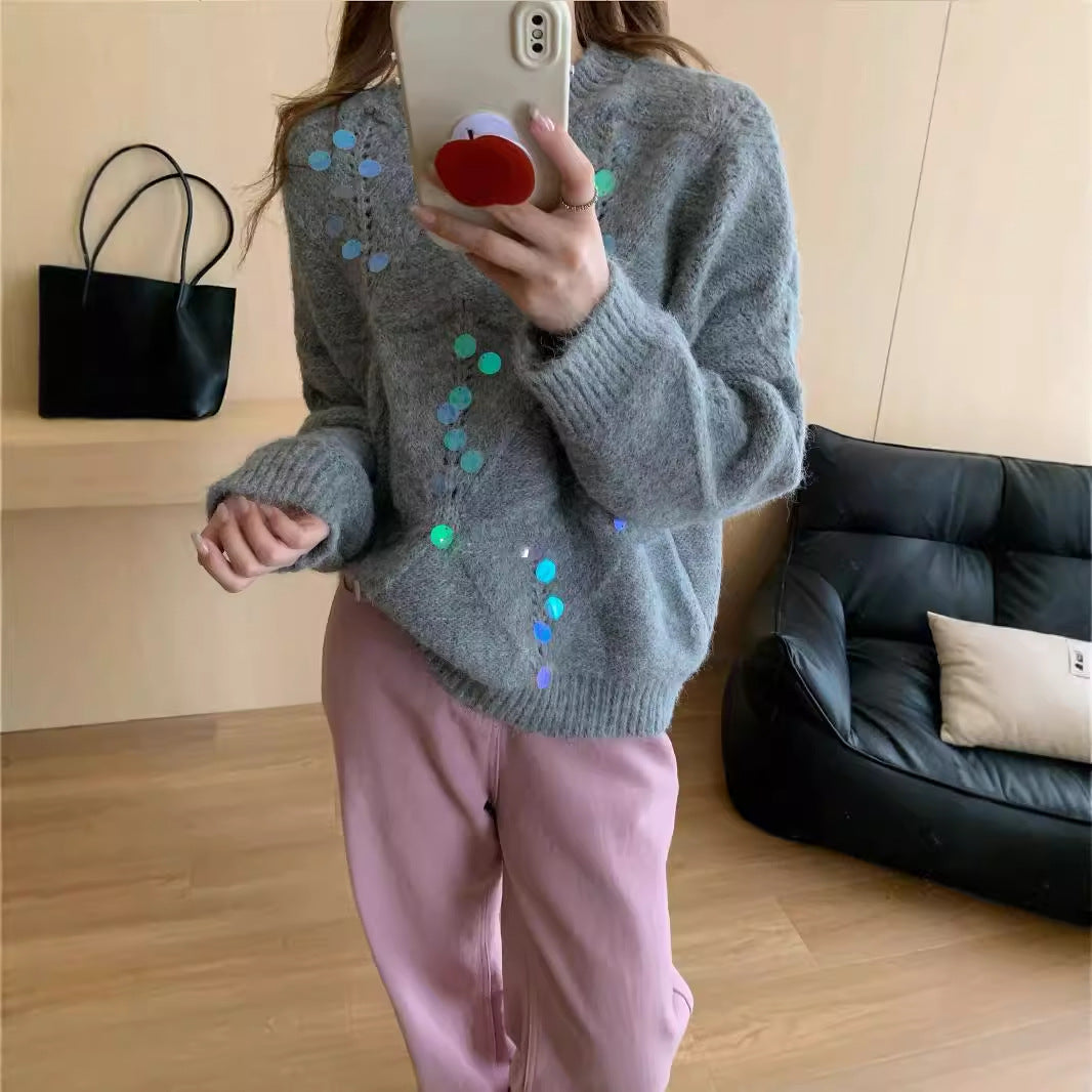 French Retro Sequined Hollow Out Cutout out Soft Glutinous Sweater Knitwear Women Autumn Winter Heavy Industry Design Niche Lazy Loose Top