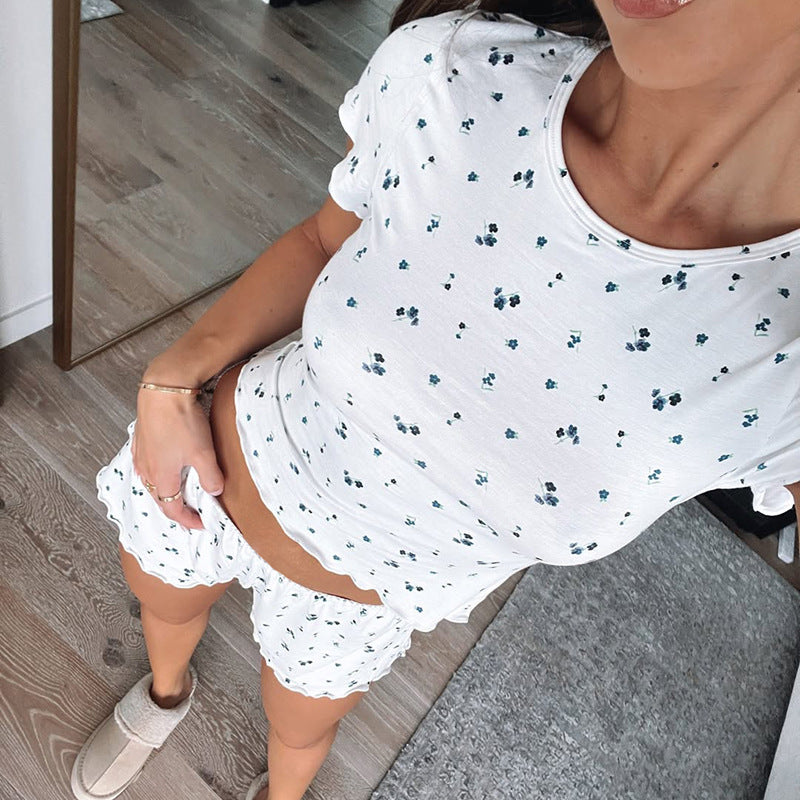 Summer Women Clothes Casual Slim Floral Print Cropped Exposed Pajamas Shorts Two Piece Set