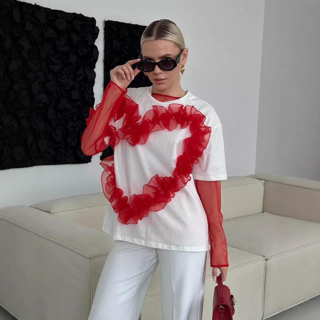 Love Pleated Stitching T shirt Women round Neck Loose Fitting Pure Cotton Top