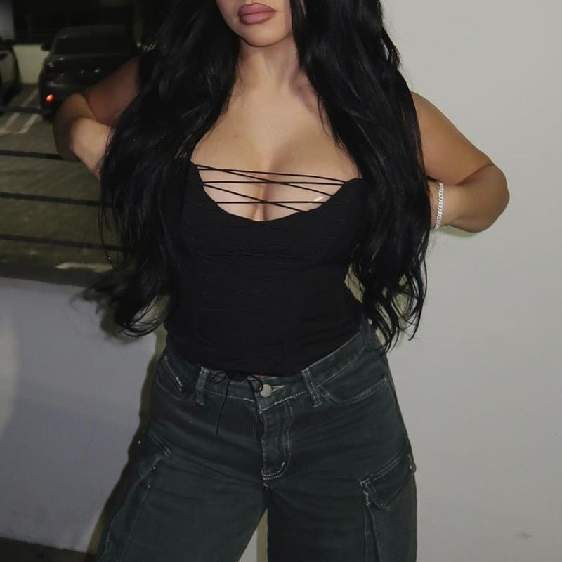 Hip Hop Street Niche Personality V neck Cross Hollow Out Cutout out Strap Sexy Tube Top