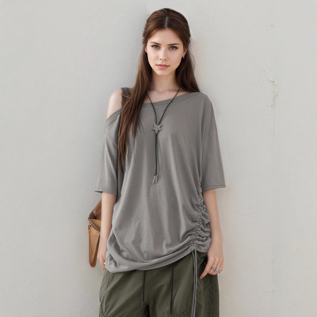 Casual Simple Loose Shoulder Pleating Short Sleeved Top Women Summer Mid Length Solid Color T shirt