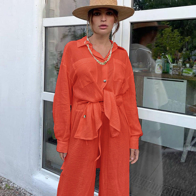 Fashion Loose-Fitting Long Sleeves Shirt Wide Leg Pants Two-Piece Set Commuting Elegant Pink Suit